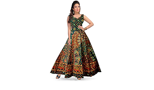 Afreet Fashion Women S Cotton Jaipuri Printed Maxi Long Dress Multicolour Free Size Amazon In Clothing Accessories