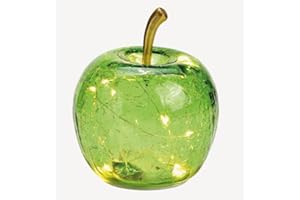 Seyila Home Dekorative Glas Apfel Leuchte mit LED Beleuchtung und Timer (unten), Crackle-Effekt Glas, Goldener Stiel, Weihnachtsdeko, Lampe (Hellgrün, 7 cm)