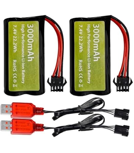 Lot 2 Batteries Li-ion 7,4V 1000mAh 2S – Prise SM-4P + Câble USB, Compatible DE36W/DE65/NO.1809, Voiture RC Buggy Drift