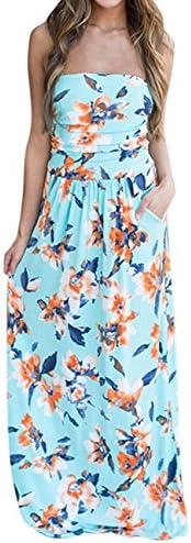 Womens Strapless Summer Floral Print Bohemian Beach Gown Long Maxi Dress Small Light Blue