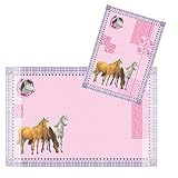 Das Traumpferdchen-Set Traumpferdchen Schreibtischset 2-tlg in rosa für Mädchen, Schreibtischauflage / Schreibunterlage Pferde aus PP und Sammelmappe Traumpferdchen Hufeisen-Motiv Pferde