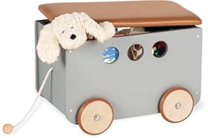 PINOLINO Spielzeugkiste Jim, aus Holz und Kunstleder, mit Zugschnur, gummierten Holzrädern und abnehmbarem Deckel, grau lackiert/Kunstleder braun