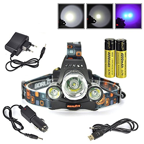 Boruit Led stirnlampe kopflampe Front-LED-Lampe wiederaufladbare T6 + 2 R5 Violete Licht-Taschenlampen-bewegliche helle Radfahren Wasserdicht 3 Modi Scheinwerfer Projektor für den Außenreitnachtangeln Camping Wandern Laufen Radfahren Scaling Walk - Charger EU