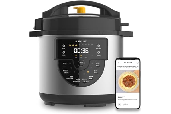 NEWLUX - Mijoteuse Électrique Programmable 6L Delicious Noir (1000W) Multifonction avec Voix, 15 Fonctions, 4 Niv. Pression et Récipient à revêtement en céramique. Accessoire de Friture