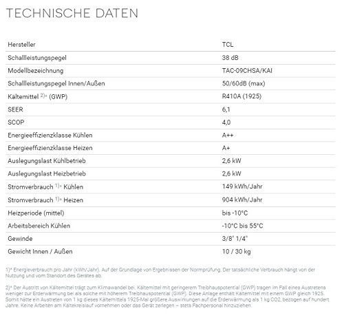 TCL KA 9000 BTU Split-Klimaanlage A++ (2.6 kW, 4m Leitungen, Halter, bis -15°C, Goldbeschichtung) - 3