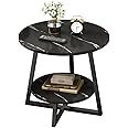 TOMVAES Side Table, Small End Table, Round Side Table Nightstand, 2-Tier Round Coffee Table, Marble Like Side Table for Sofa, Living Room, Bedroom and Small Spaces gery (black)