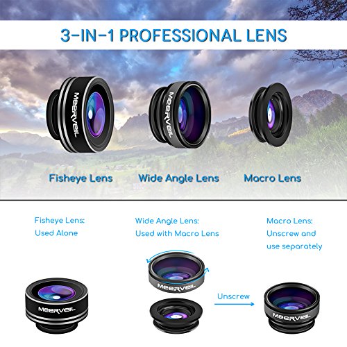 Meerveil Fisheye Lente Smartphone, Mini 3 in 1 Clip-on, Lente Fisheye Suprema 180 Gradi, Lente Grandangolo 0.67X, Lente Macro 10X, per iPhone6/6s/7/8, Samsung, Huawei, e altri cellulari