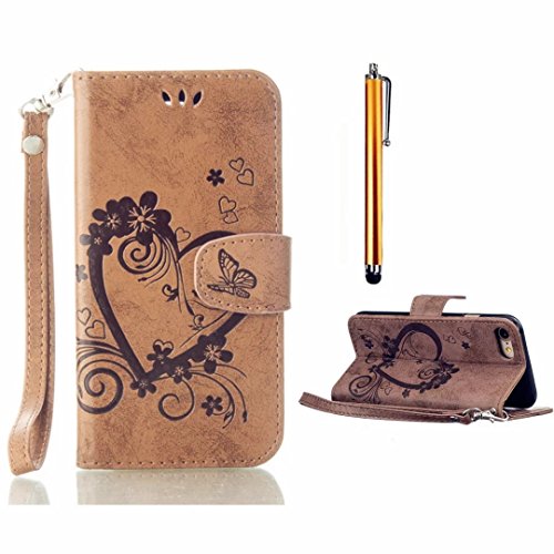 Preisvergleich Produktbild MUTOUREN Schwarz Hülle Leder Tasche für Huawei Y360 Geldbörse Hülle Brieftasche Handytasche Zubehör Schutzhülle Etui Case Cover + Stylus pen-Liebe Herz Braun