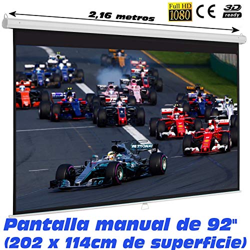 Pantalla de proyeccion Manual Luxscreen 92" Pulgadas, Formato panorámico, área Visible Blanca 202 x 114cm , cajetín de 2,16 Metros