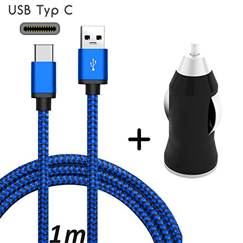 Original COVERLOUNGE - Nylon USB Typ C Auto-Lade-Set / KFZ-LadegerÃ¤t USB-C-Lade-Kabel & KFZ-Stecker / Auto-Adapter fÃ¼r alle Samsung Smartphones mit USB Typ C Anschluss | Farbe: Dunkel Blau | LÃ¤nge: 1 Meter / 1m
