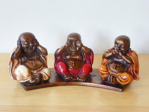 Resin Sitting Chinaman Lucky Buddha Hear, See, Speak No Evil On Base Large Size.....
