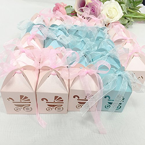 Lavinaya Geschenkschachteln mit Laserausschnitten für Taufen, Babypartys usw., klein, mit Schleife, 50 Stück blau - 3