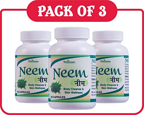 VitaGreen Neem 500 Mg, Pack of 3 (180 Capsules) for Body Cleanse, Detox and Skin, Natural, Ayurveda Herb, Health, Dietary,...