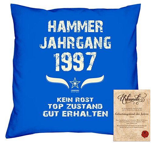 Geschenk 20. Geburtstag :-: Geschenk Idee Geburtstags Deko-Kissen Sofakissen Dekokissen Jahreszahl Aufdruck :-: Hammer Jahrgang 1997 :-: Größe: 40x40cm & Geburtstags-Urkunde Farbe: royal-blau