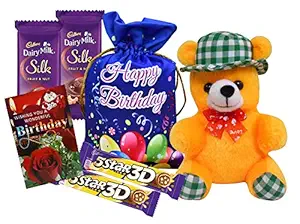 Saugat Traders Birthday Gift for Friends-Soft Teddy Bear-Designer Birthday Potli with Cadbury Chocolates-Birthday Greeting Card-Gift for Girls-Boys-Kids