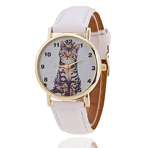 Unisex Armbanduhr Quarz Katze Ziffern gold Lederband weiss Unisex Armbanduhr Quarz Katze Ziffern gold Lederband weiss