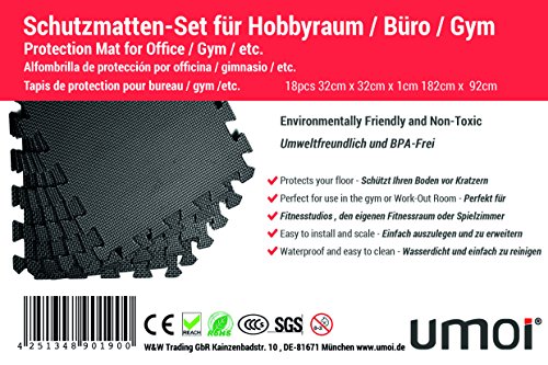 Extrastarke BPA Freie & Formamid 30 - Profi Schutzmatten aus EVA Schaumstoff – Puzzle Unterlegematte für sicheren Bodenschutz für Sportgeräte, Gymnastikräume, Keller - Büros - Matten für Schutz vor Kratzern, Stößen, Dellen, Kälte, Lärm, Flüssigkeit, Wasserabweisend, Schallschutz 1 Matte je 32 cm x 32 cm x 1 cm Stärke.