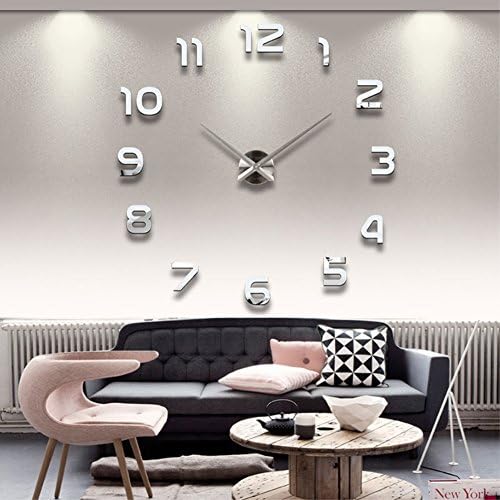 DIY Wall Clock Silent 3D Acrylic Sticker Roman Numbers Adhesive Modern Art Wall Clock Parts Kit Home Decorations for Office Living Room Bedroom (Silver Arabic Numerals)