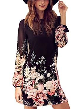 Damen Rundhalskragen Chiffon Langarm Leicht Transparentes Blumenkleid mit Schwarzem Blusenkleid Kleider Chiffonkleid