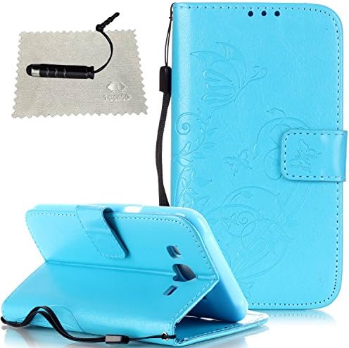 Samsung Galaxy J7 2015 Case Blue,Samsung Galaxy J7 Leather Case,Samsung Galaxy J7 Wallet Case,TOCASO Soft Silicone Inner Protective Bumper Case PU Leather Wallet Slim Embossed Butterfly Pattern With Hand Strap Magnetic Flip Cover With Stand View Function Wallet Case Built-in ID Credit Card Slots Design Retro Flowers Pattern Full Body protection Holster for Samsung Galaxy J7 2015 + 1x Black Stylus Pen + 1x Cleaning Cloths