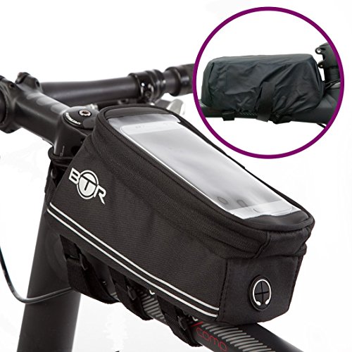 BTR Fahrradtasche mit Mobiltelefon-Halterung - Wasserabweisende Fahrrad-Rahmentasche. Handy Fahrradhalterung. Schwarz Fahrradrahmentaschen. Neue verbesserte Edition, für alle Fahrradtypen geeignet