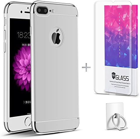 Hanglong 3 in 1 Full Protective Phone Case with Electroplate Frame For iPhone 7 Plus (with one Tempered Glass Screen Protector)-Silver