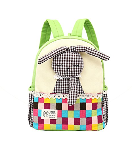 Moolecole Cartoon 3D Rabbit Doll Kids Kindergarten Backpack Canvas Toddler Girls Nursery School Bag Bookbag Green