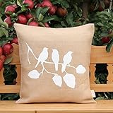 Jute-Kissen-Bezug * Vögel auf Birkenzweig * / Kaffee-Sack-Leinen / Rupfen / Hochzeit Dekoration: rustikal & vintage - Willkommen Gruß im Shabby-Chic-Style - retro: Dekokissen 50 cm x 50 cm - HANDMADE