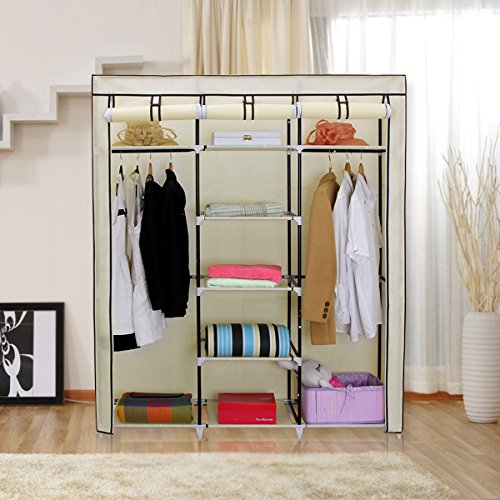 Songmics® Groß XXL Kleiderschrank Faltschrank Wäscheschrank mit 2 Hakenstange beige 175 x 150 x 45 cm Drei hochrollbare Türen RYG12M - 2