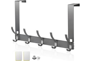 DIQC Over Door Hanger for Back Door,Heavy Duty Aluminium Over Door Hooks for Bathrooms Bedrooms with Rust Resistant Finish, 5 Hooks for Coats, Hats, Bags, Clothes, Towels,Keys,20KG Heavy-Duty