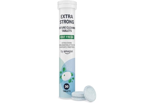by Amazon Pastilles Nettoyantes Extra Fortes pour Prothèses Dentaires - Lot de 3 Boîtes de 30 Pastilles, Menthe Fraîche