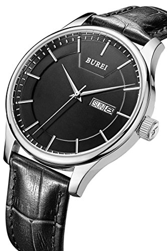 BUREI Herren Tag und Datum Kalender Armbanduhr Przise Schwarz Quarz Armbanduhr mit schwarzem Lederband BUREI Herren Tag und Datum Kalender Armbanduhr Przise Schwarz Quarz Armbanduhr mit schwarzem Lederband