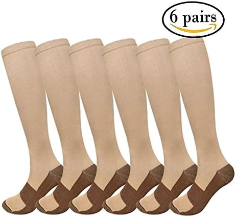 6 Pairs Copper Knee High Graduated Compression Socks For Women and Men - Best Medical, Nursing, Maternity Pregnancy and Travel Socks - 15-20mmHg (L/XL, 6 Nude)
