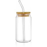 MELLORA Can Shape Tumbler Glass with Straw & Wooden Lid | Leak-Proof, Portable | Ideal for Hot/Cold Coffee, Juice, Drinks | T