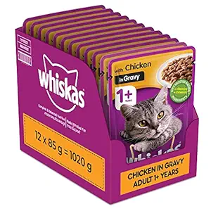 whiskas Adult Wet Cat Food, Chicken in Gravy, 12 Pouches (12 x 85g), Brown