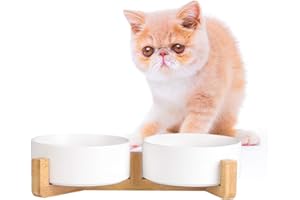 AHX Comedero Perro y Comedero Gato con Soporte Antivuelco de Madera para Comida y Agua - Comederos y Bebederos para Perros Gatos Doble de Ceramica 2 x 480 ml