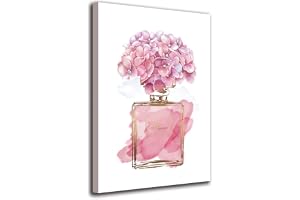 Pink Flowers Wall Art Fashion Canvas Pictures Girls Bedroom Wall Decor Watercolor Hydrangea Contemporary Canvas Artwork Botanic Perfume Bottle Living Room Bathroom Decor Framed Ready to Hang 16" x 24"