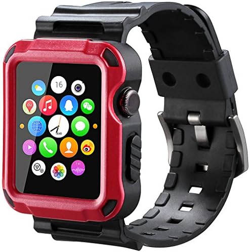 Apple Watch Case, iitee Defender Protective Cover Built- in Screen Protector with Band Strap for 2015 Release Apple Watch 38mm Red