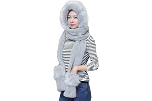 INELIHOO 3-in-1 Damen Winter Kapuzenschal mit Fäustlingen Thermal Kunstpelz Kapuzenschal Neckwarmer Hoodie Tasche Warmer Outdoor-Ohrschal Winddicht Kälteschutz Mütze Schal Handschuhe Set