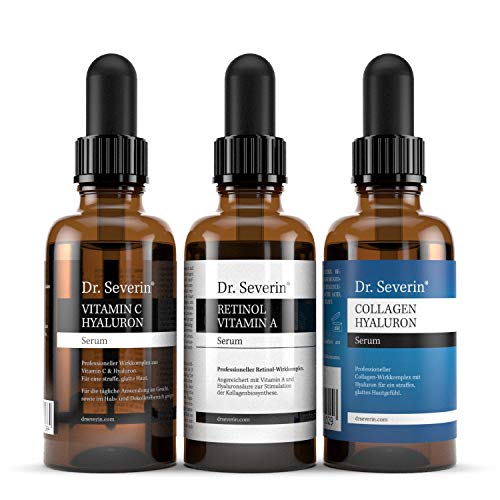 3 x Anti-Aging-POWER: Vitamin C + Hyaluron + Retinol + Collagen | Dr. Severin® Serum-Set | Tages- & Nachtpflege | Brightening + Smoothing | Anti-Pollution + Anti-Blue-Light | 3 x 50 ml