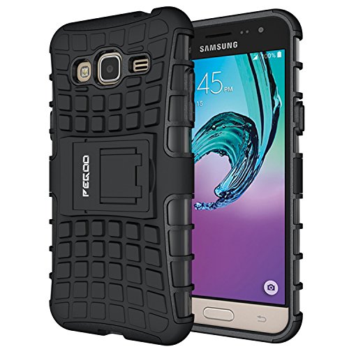 Funda Galaxy J3  2016  Pegoo Caja El Soporte Incorporado A Prueba de golpes Anti-Ara  azos y Polvo Mezcla Doble Capa Armadura Proteccion Cover Case Caso Funda C  scara Caja para  2016  Samsung Galaxy J3  Negro 