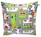 TryPinky® Kissenhülle Kissenbezug "Auto Spielteppich Grau" 40 X 40 cm Kinder Kissen für Kinderkissen 100 % Baumwolle BW Spielkissen Kinderzierkissen Kuschelkissen Grün