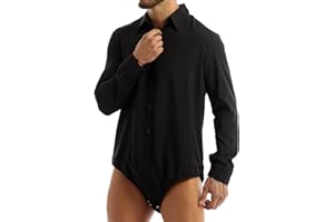 MSemis Herren Body Langzarm Hemdbody mit Druckknöpfe im Schritt Kentkragen Hemd Herren Baumwolle Bodysuit Overall Einteiler