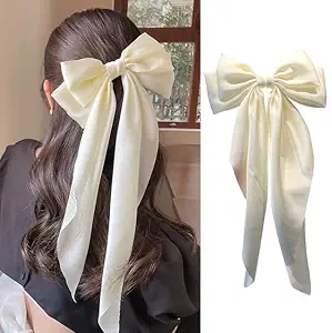 ZEPOLI Big Satin Layered Hair Bows for Women Girls 11 Inch Barrette Hair Clip Long Black Ribbon Bows French Style Hair Accessories (White)