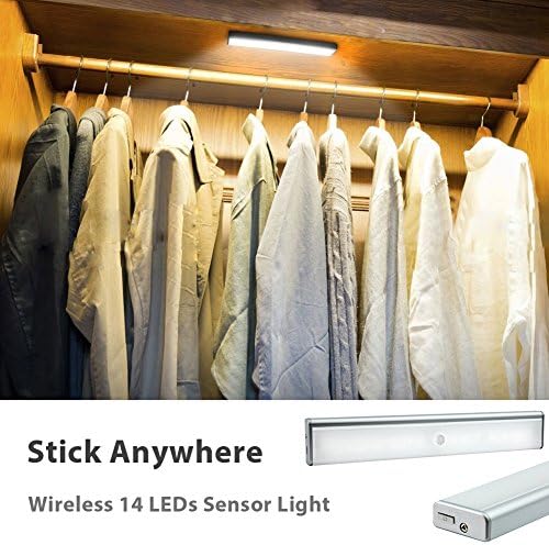 Derlson® Wireless 14 LEDs Motion Sensor Under Cabinet lights, Rechargeable Motion lights / Night light(3 modes Auto/on/off) for Wardrobe,Closet ,Garage ,Hallway,Attics （ Cool light)