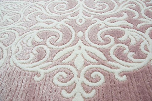 Designer Teppich Moderner Teppich Wollteppich Bordüre Design mit Fransen Wohnzimmer Teppich Rosa Creme Größe 80 x 300 cm - 4