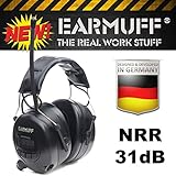 -31dB'EARMUFF' Casque de chantier anti-bruit avec tuner radio FM AM intégré et prise AUX + clip de ceinture et 4 piles Varta