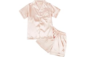 Hotfiary Ensembles Shorts et Haut en Soie 2 Pièces pour Enfants, Filles Et Garçons, Chemise à Boutons à Manches Courtes et Short élastique pour 4-14 Ans