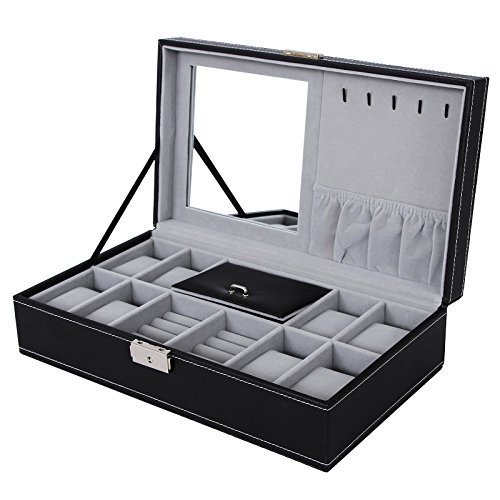 Songmics Uhrenkoffer mit Spiegel Haken Schwarz 8 Uhren JWB41B