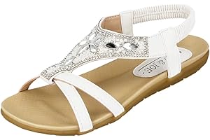 Jo & Joe Ladies Faux Leather Open Toe Sling Back T-Bar Diamante Gem Stone Flat Gladiator Summer Sandals Size 3-8